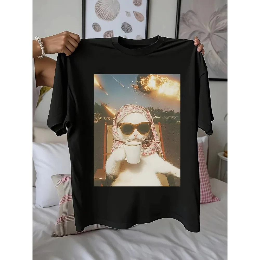 Apocalypse Cat Chill Girl Cat Graphic Men Women Cotton Tee Summer Spring Oversized Casual Short Sleeve Streetwear T-Shirt