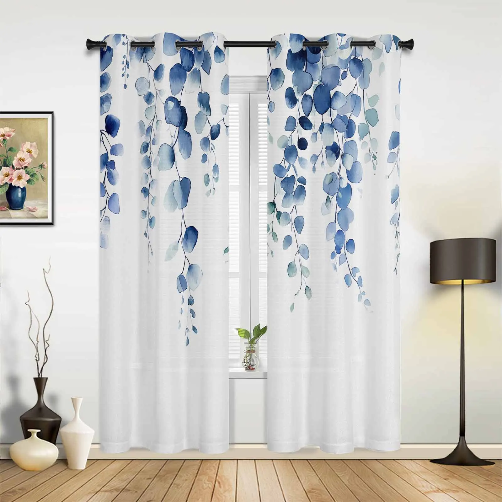 Watercolor Eucalyptus Leaves Vine Man Spring Window Window Curtains Living Room Bathroom Bedroom Decor Kids Window Treatment