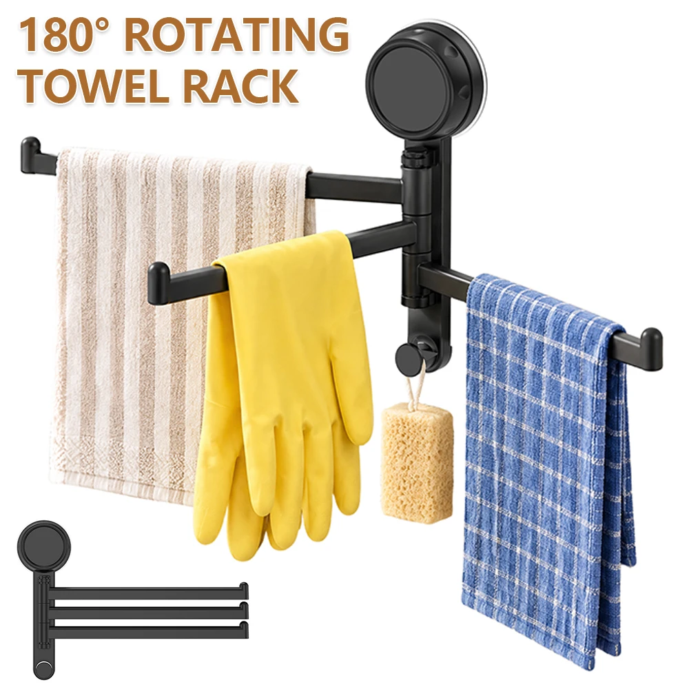 2Pcs Suction Cup Towel Bar with 180° Rotating Drain Rack Foldable Kitchen Towel Shelf Compact Multi Rod Bathroom Towel Rod