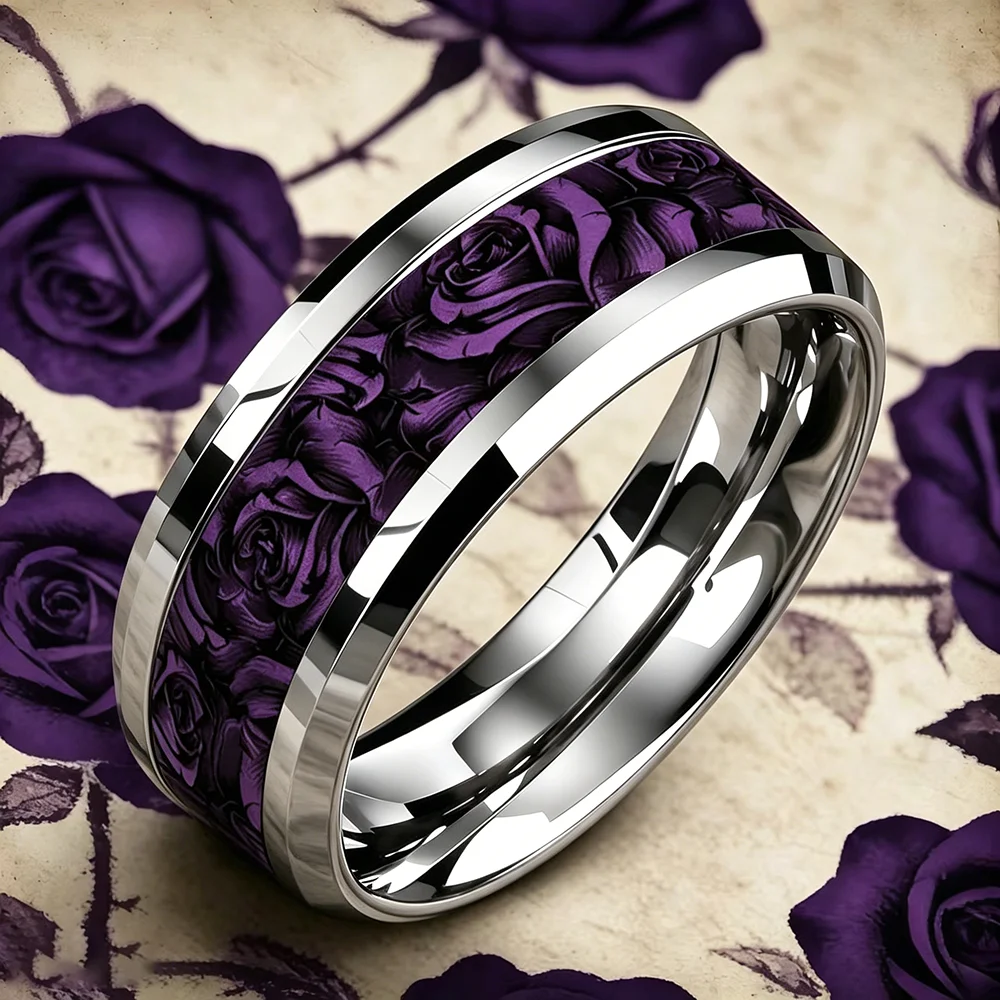 Romantischer Edelstahlring für Damen und Herren mit Dunkelvioletter und Schwarzer Rosenblütenmuster, Gotischer Blumen-Statement-Ehering, Schmuck – Detail 5