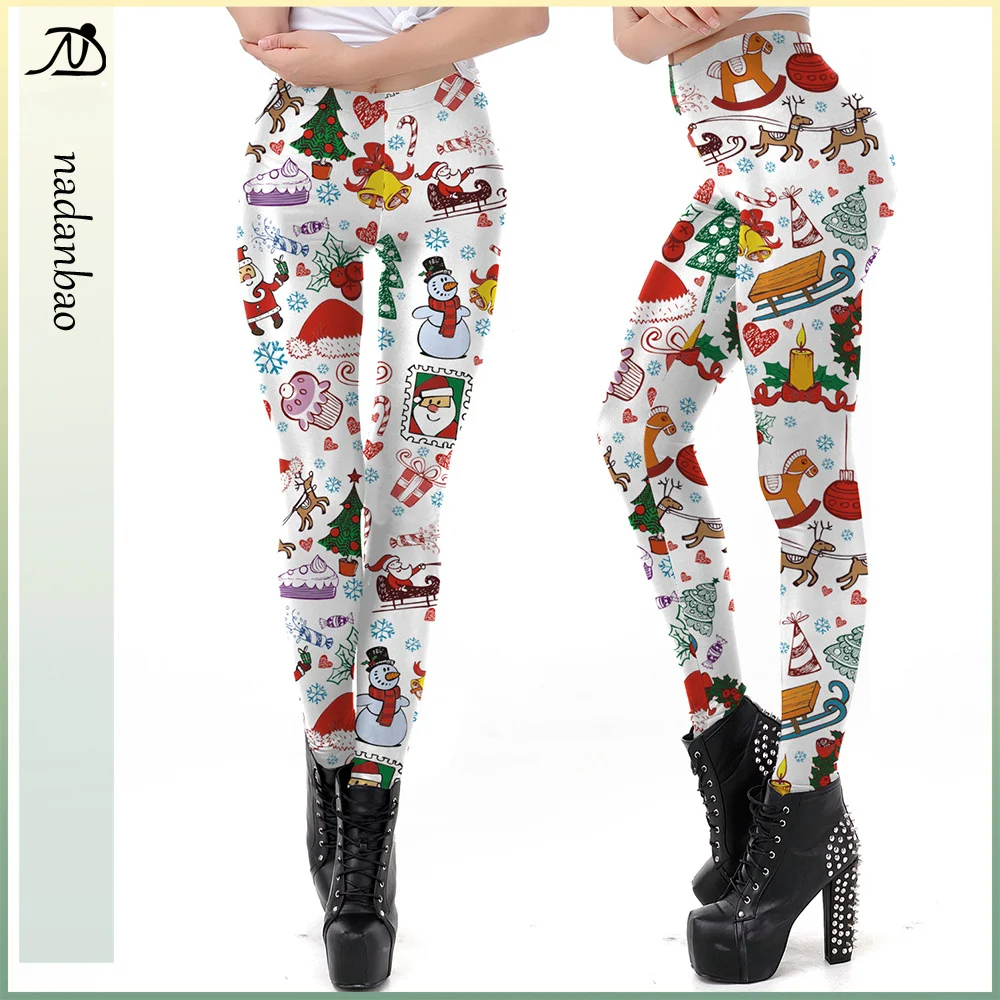 

Nadanbao White Santa Claus Printing Leggings Women Sexy Funny Holiday Party Trousers Female Mid Waist Elastic Tights Long Pants