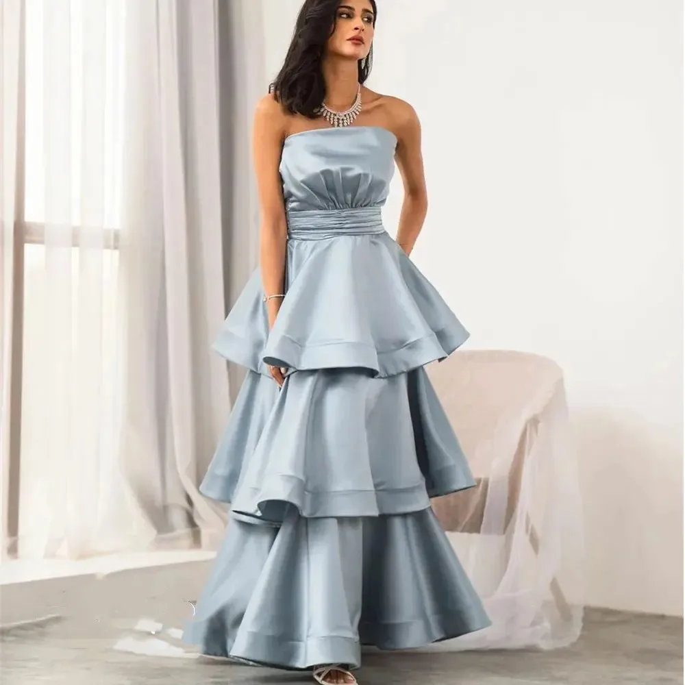 Flora Dress Blue Satin caviglia lunghezza a-line abiti da sera a strati Porm con abiti da cerimonia da festa con spalle scoperte Arabia