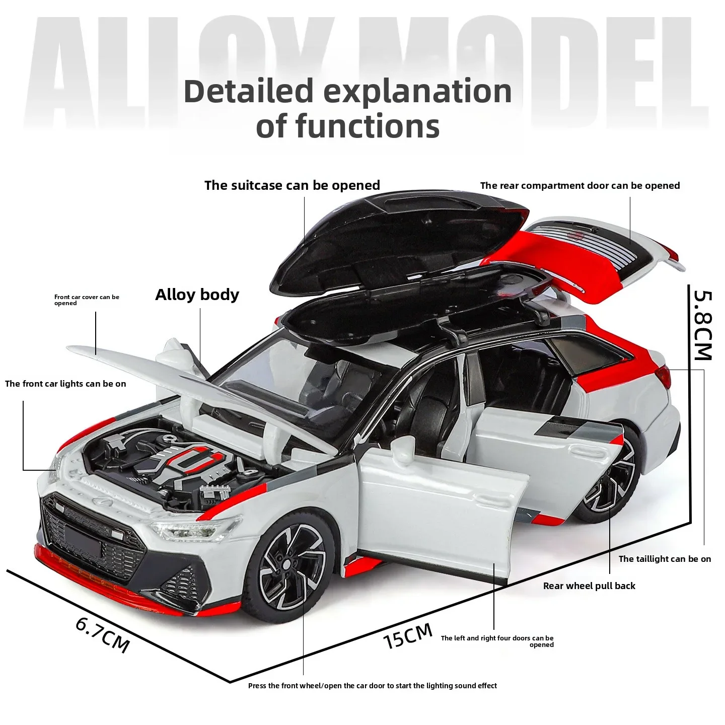 1:32 RS6ステーションワゴン合金ダイキャストシミュレーションモデルカーおもちゃ、サウンドとライト付きプルバックおもちゃ、子供向けギフト