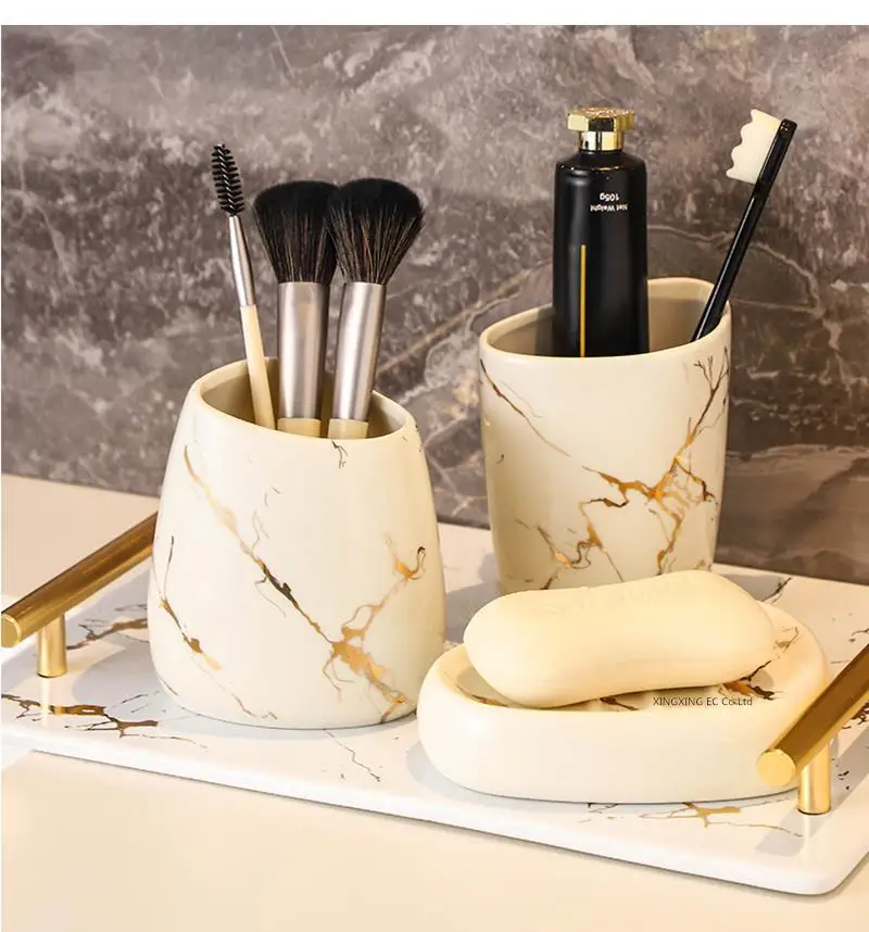 Platinum Marble Texture Bathroom Decoration Accessories Toothbrush Holder Toothpaste Dispenser Soap Dish Storage Tray