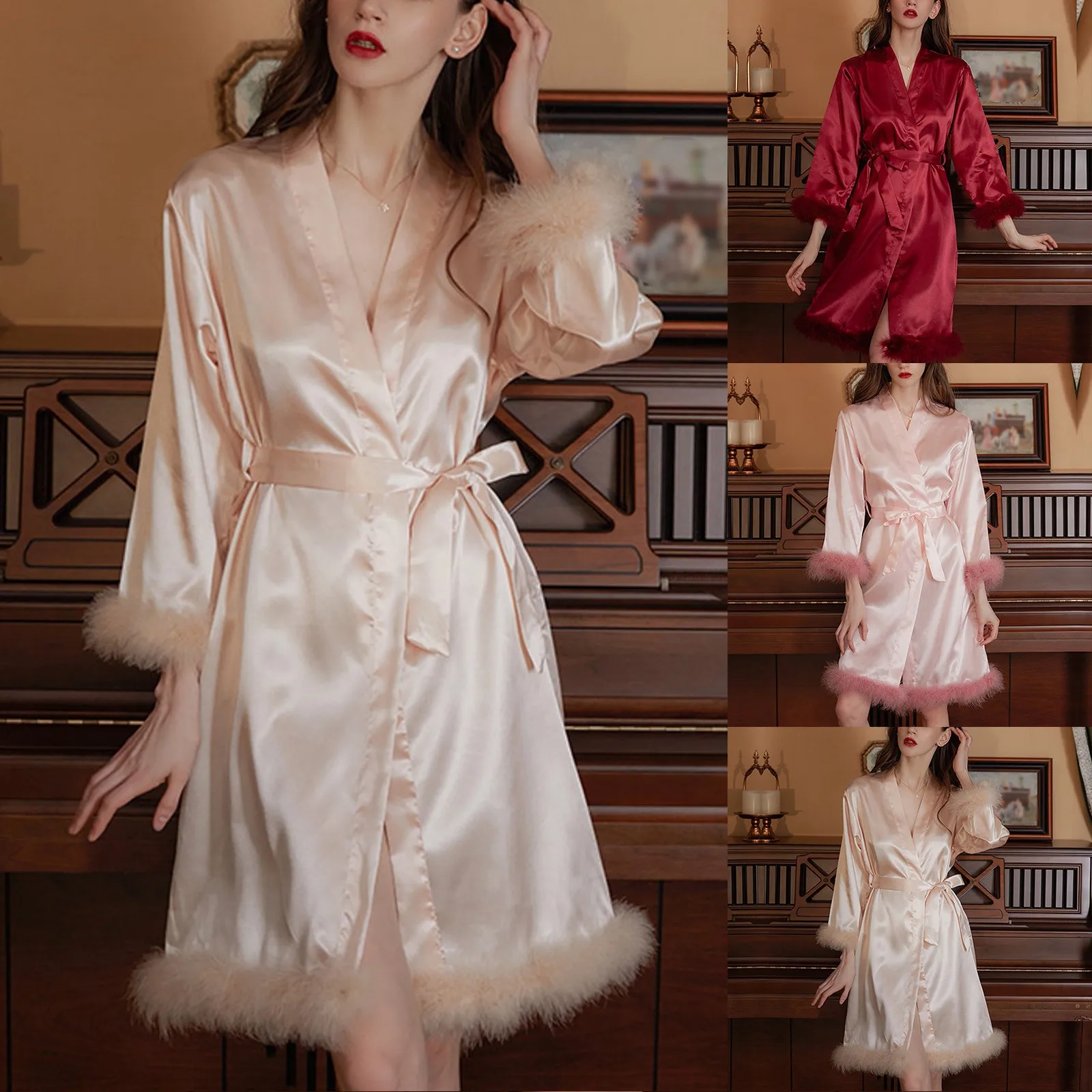 Women Feather Robe With Fur Sleepwear Bride Morning Satin Robes Nightgown Dress Elegant Wedding Bridesmaid Robe Gown Bathrobe