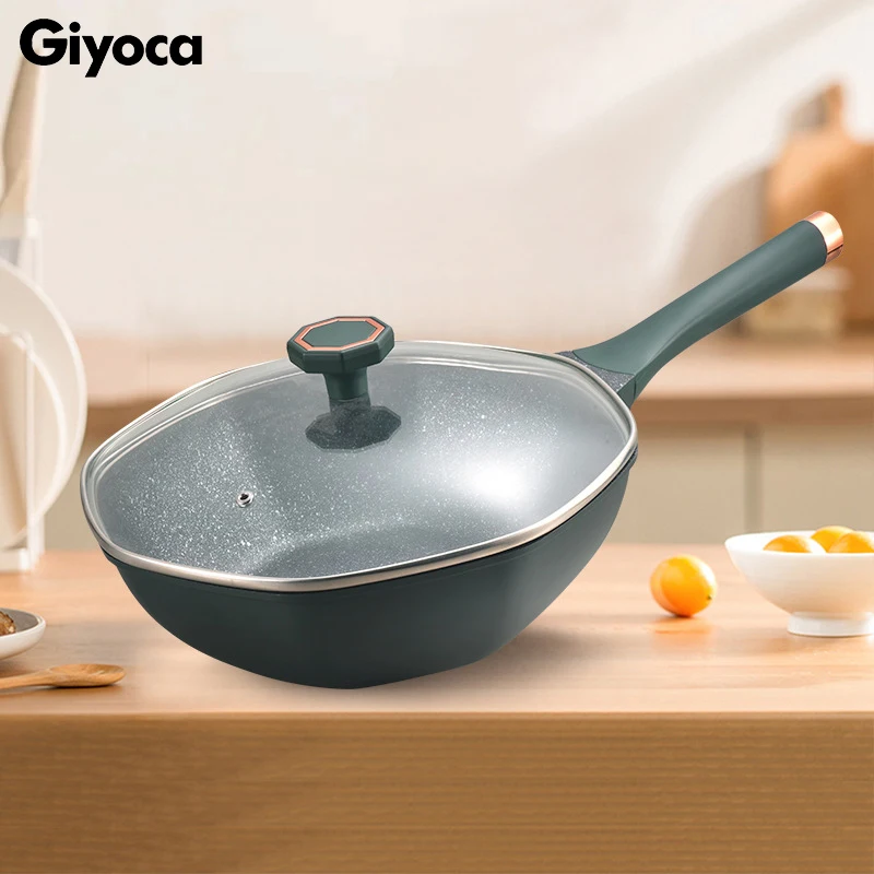 

Giyoca 30/32cm Star Anise Pot Medical Stone Coated Saucepan Nonstick Wok with Lid＆Wooden Handle Low-smoke Frying Pan Kitchenware