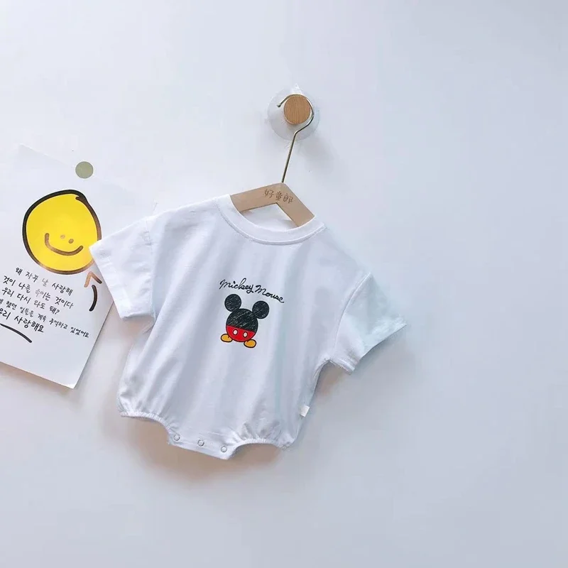 Desenhos animados do bebê recém-nascido Mickey Mouse macacão, meninos e meninas macacão, trajes infantis, bodysuits de manga curta, algodão, verão, 0-3t