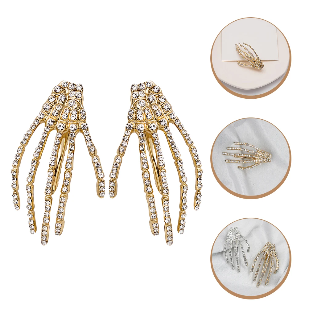 

2Pcs Ghost Claw Skull Hair Clips Rhinestone Zinc Alloy Halloween Accessories Girls Bone Horror Styling Tools Goth Gifts