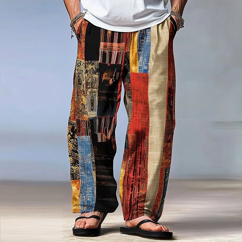 Herren Farbblock-Patchwork-Hose Mittlere Taille Kordelzug Elastischer Bund Hawaiianische Freizeithose Gerades Bein Outdoor-Hose