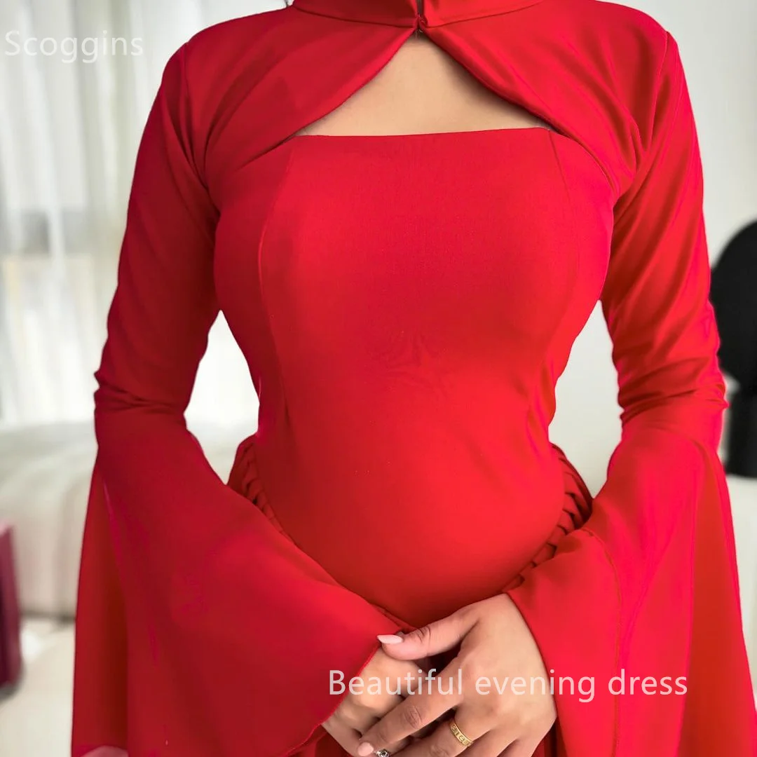 Scoggins Red Chiffon Long Sleeves Ankle-Length Evening Dress Zipper Up Wedding Party Dress Elegant Party Dresses Cocktail Dresse