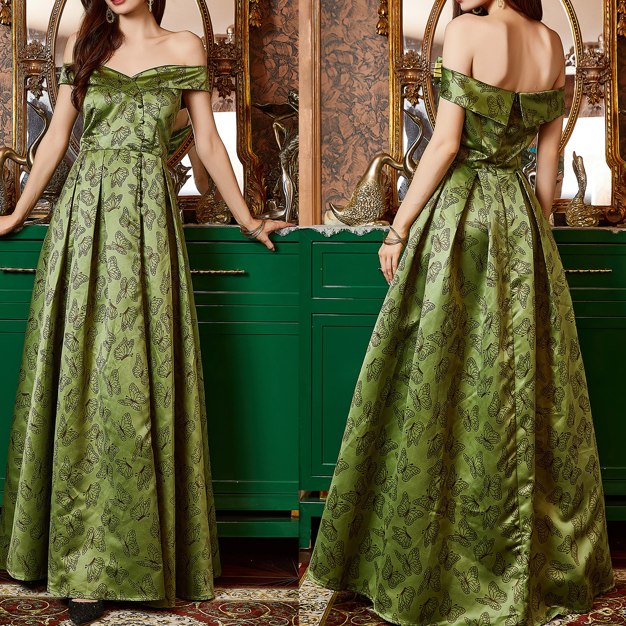 

High end butterfly green chiffon evening gown A-line off shoulder short sleeved beaded right collar pleated evening gown