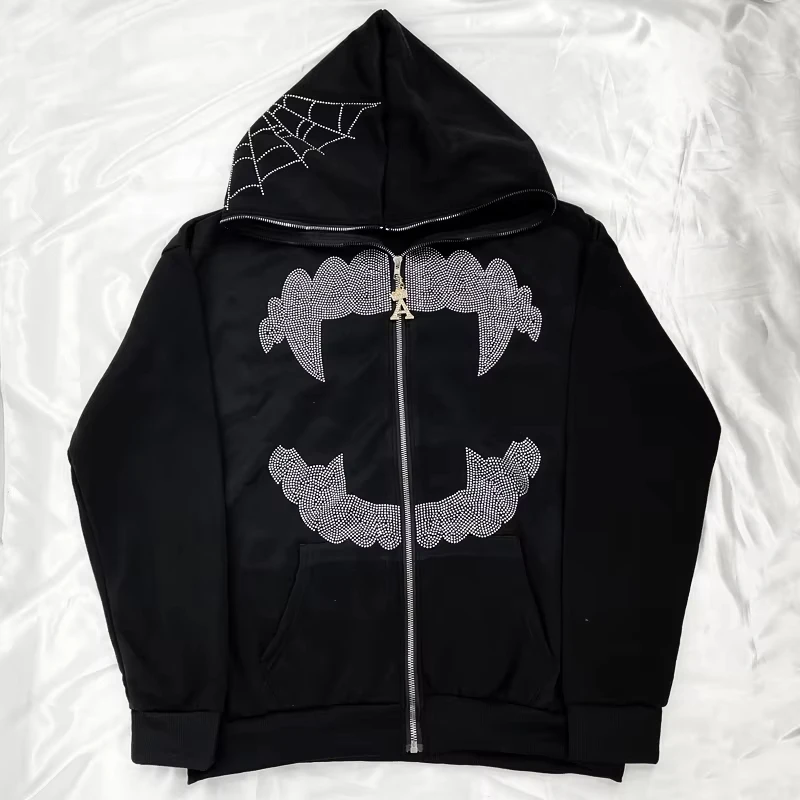 Y2k Hoodie Gothic Hip Hop Diamond Teeth Spider Web Full Zipper Black Jacket Sweatshirt