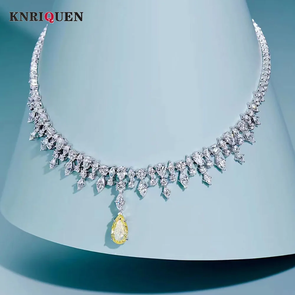 

Luxury 100% 925 Solid Silver Water-Droped Topaz Pearl Lab Diamond Pendant Necklace for Women Cocktail Party Fine Jewelry Gifts