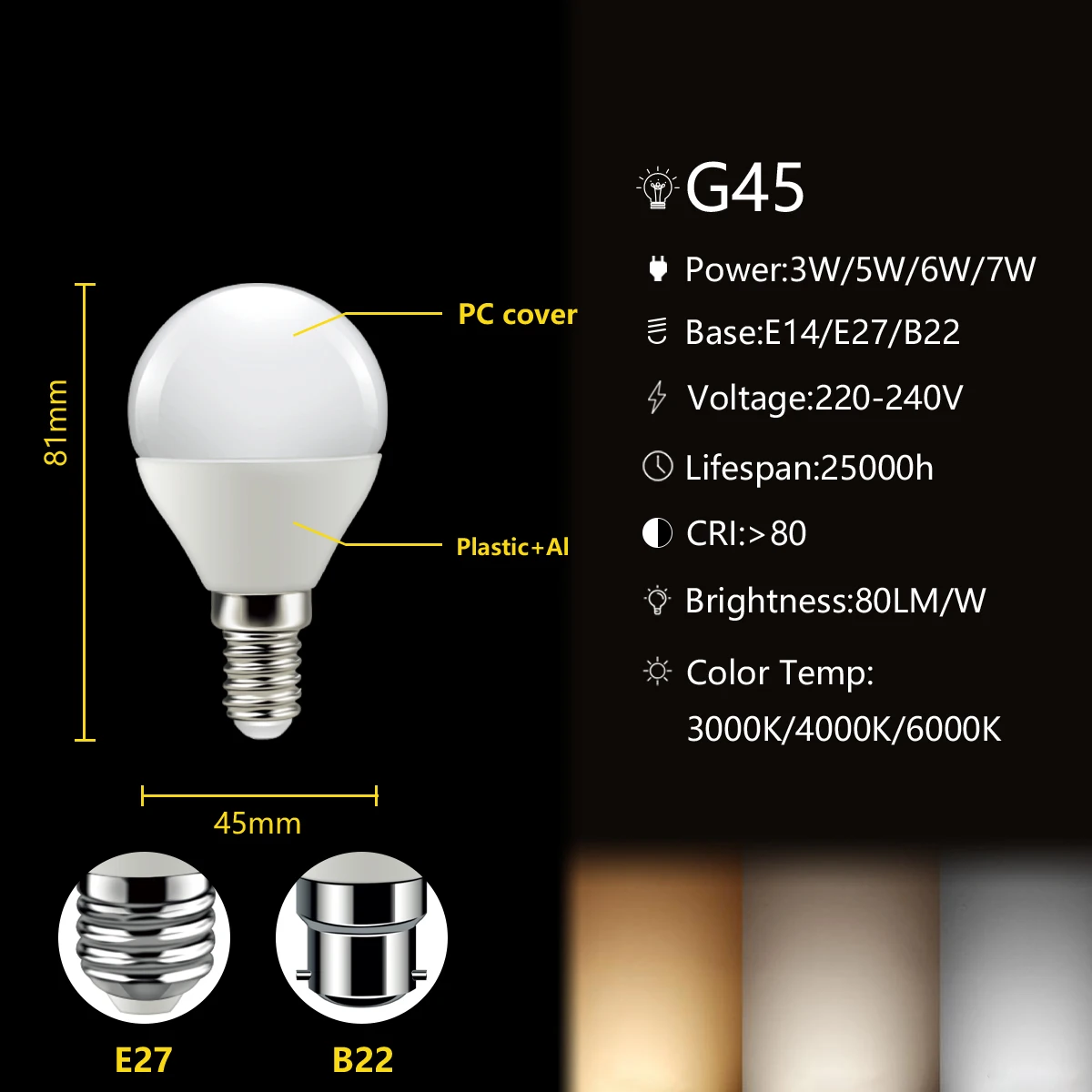 Bombilla LED de bajo voltaje G45 AC/DC, voltage12V-48V baja E27 B22, luz blanca cálida superbrillante, 3W, 5W, para iluminación de cargador de energía solar