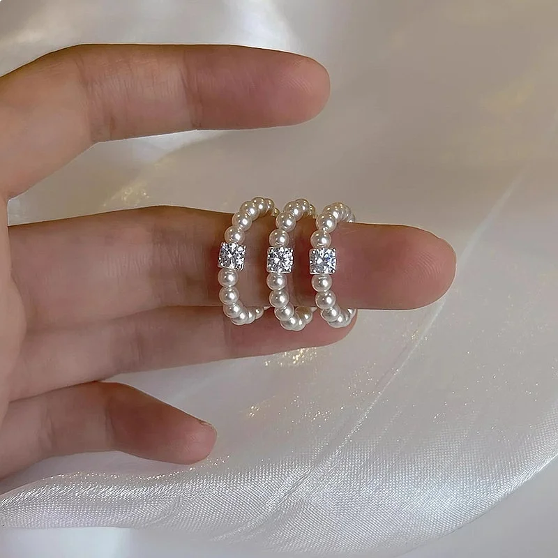 Small Sugar Cube Moissanite Pearl Elastic Beaded Ring Niche Design Women Light Luxury Jewelry