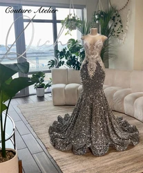 O pescoço sliver frisado rendas apliques lantejoulas vestidos de baile preto meninas vestido sereia para festa casamento noite elegante personalizado