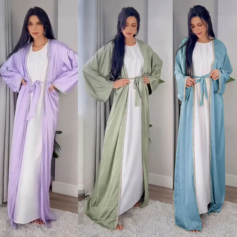 

Ramadan Kimono Abaya Dubai Solid Soft Satin Hot Fix Rhinestone Tape Trim Belted Cardigan Robe Woman Corban Eid Al Adha 2024 New