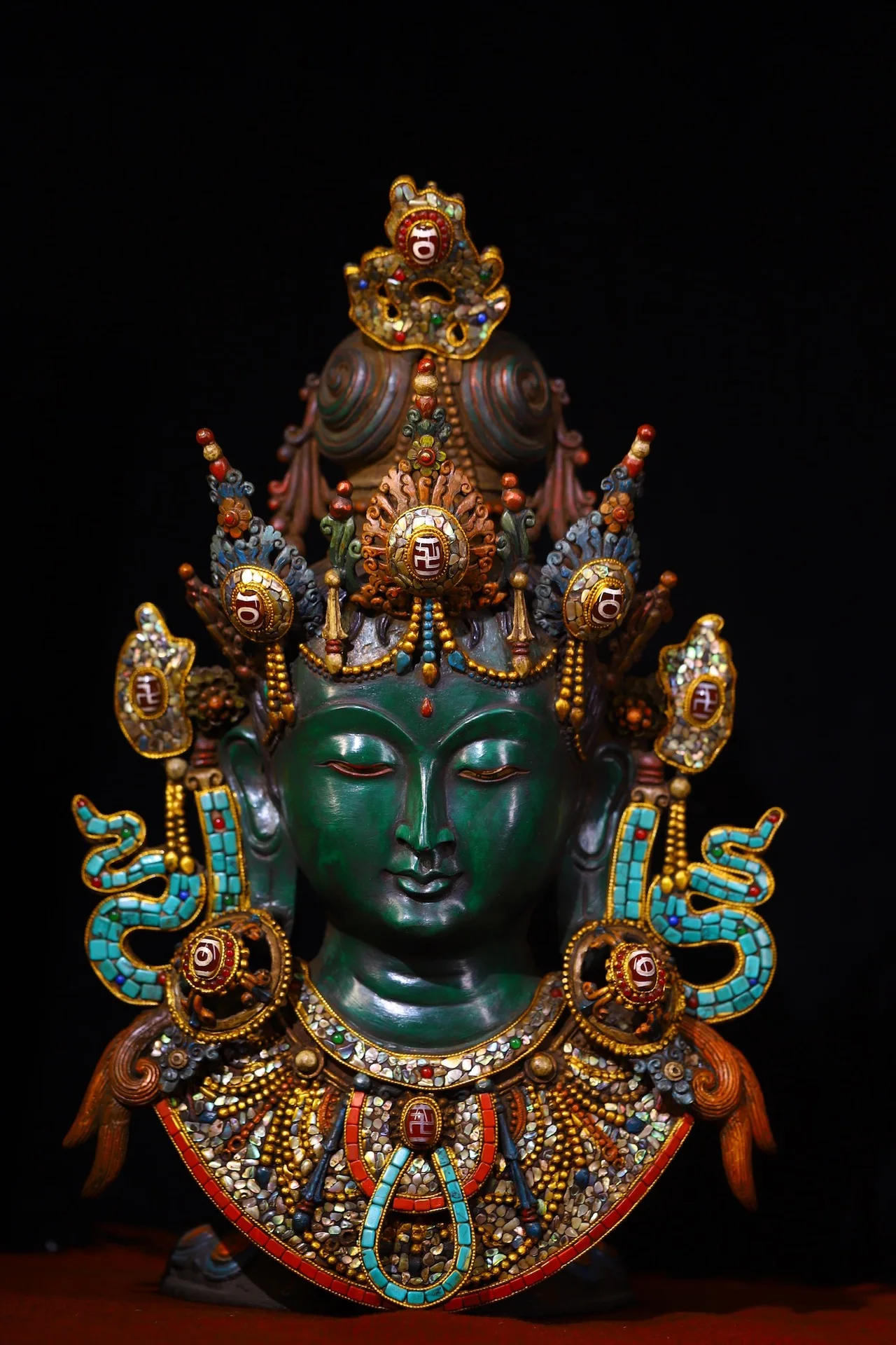 

16”Tibetan Temple Collection Old Bronze Cinnabar Mosaic Gem Turquoise Green Tara Buddha Head Mask hanging panel Worship Hall