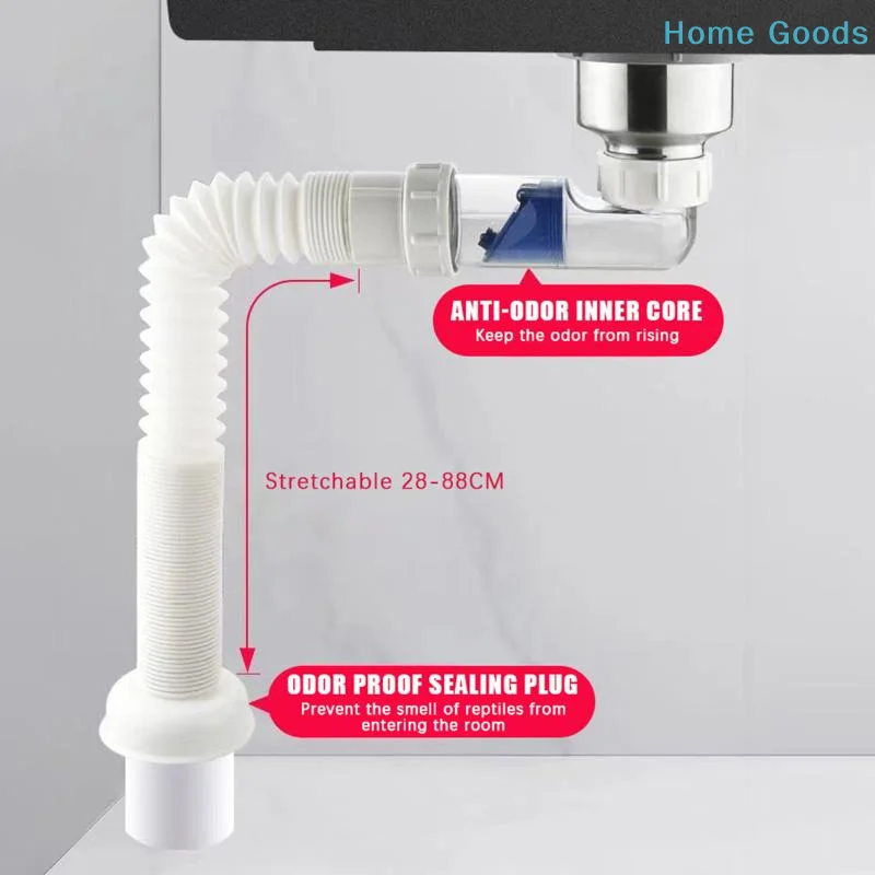 Flexible ABS Siphon Drain Hose G1-1/2 Inch Extendible Sink Waste Water Pipe 28-88cm Retractable Home Drainage Tube for Kitchen B
