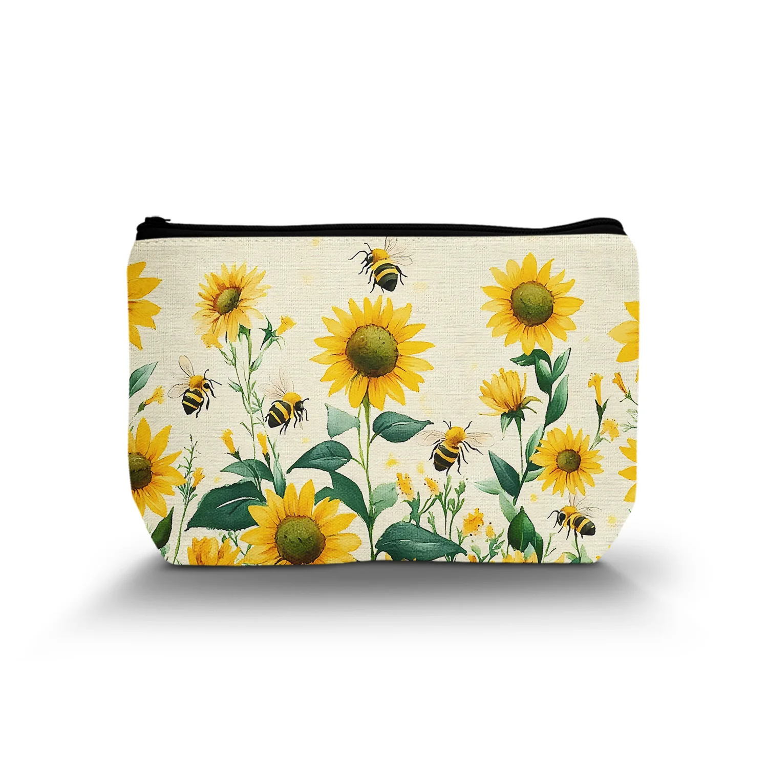 1Pc Summer Bee Yellow Flowers Daisy Cosmetic Bag With Zipper Portable Makeup Bag Best Gift For Women Gift For Flower Lovers