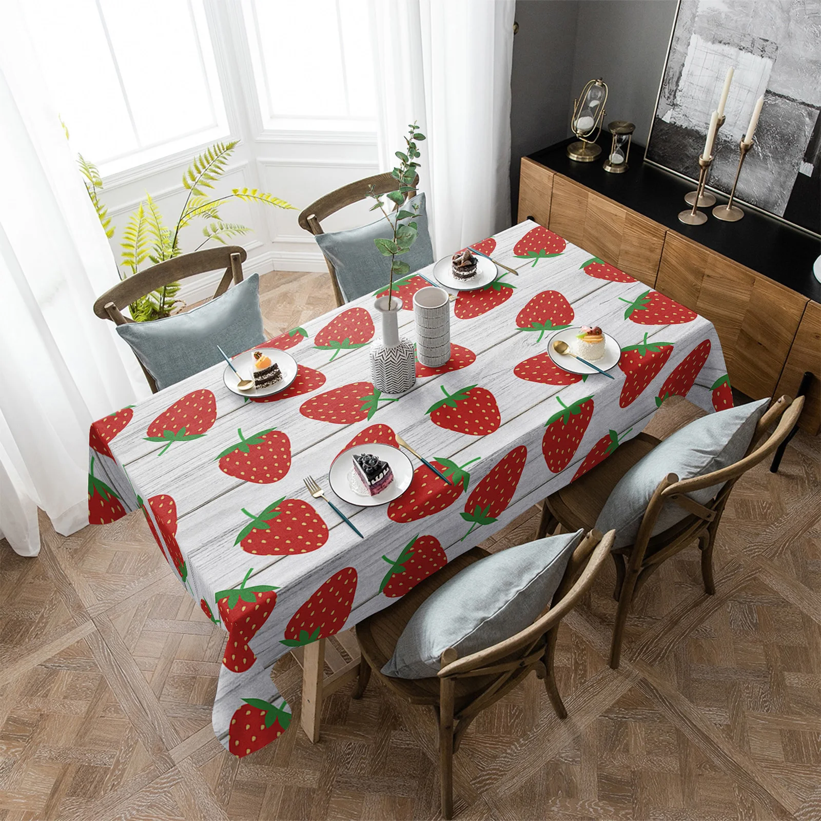 

Fruit Strawberry Wooden Texture Waterproof Tablecloth Party Decorations Supplies Rectangle Table Cloth for Kitchen Table Decor