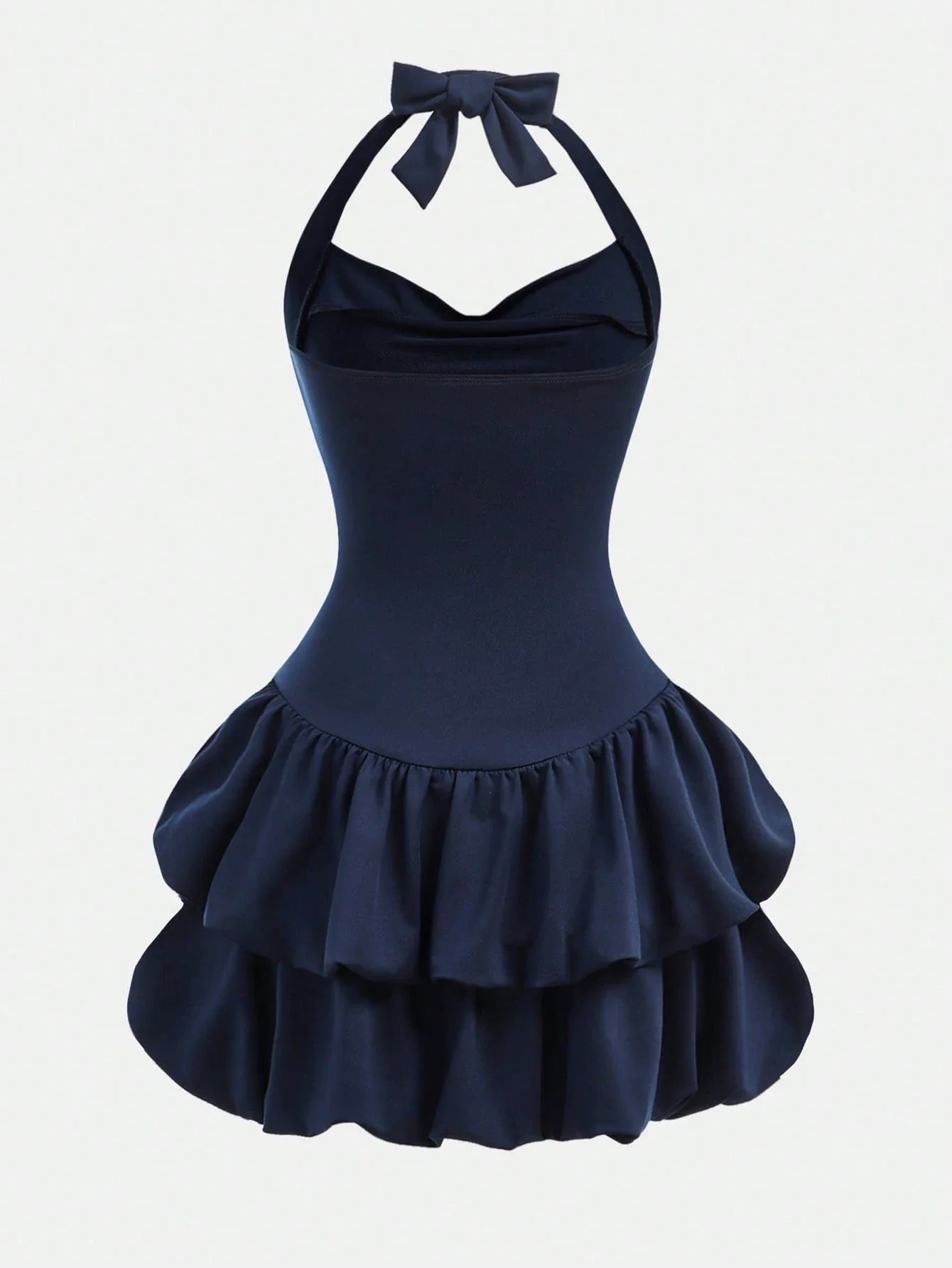 

Navy Blue Halter Neck Ruched Skirt Hem Dress With Bow Detail