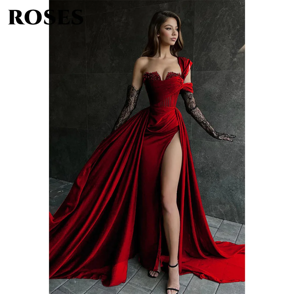 ROSES Red Side High Split Mermaid Evening Dresses One Shoulder Prom Dresses Sweetheart Stain Formal Occasion Dress Customized