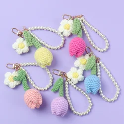 1PC Crochet Tulip Flowers Keychain Cute Handmade Knitted Flowers Pearl Chain Key Chain Charm Bag Pendant Keyring Jewelry Gifts