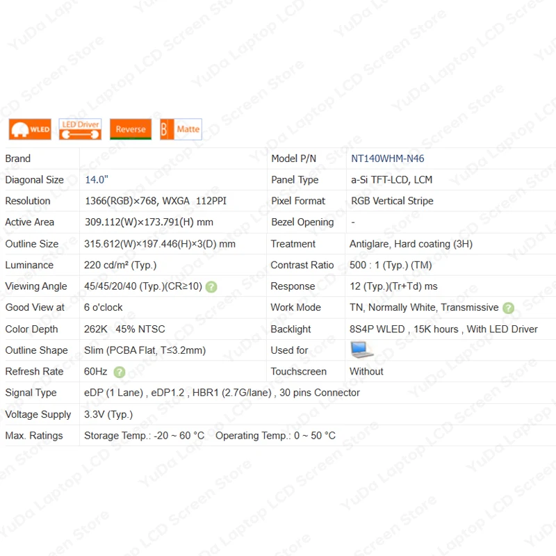 Imagem -05 - Laptop Display Painel Matrix Tela Lcd Nt140whm-n46 N34 N43 N51 N61 B140xtnretina B140xtn07.2 21.6 N140bga-eb4 14