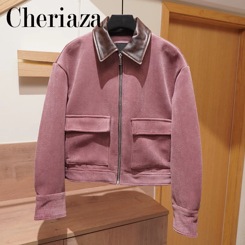 Pink Corduroy Cropped Jacket for Women with Contrast Collar