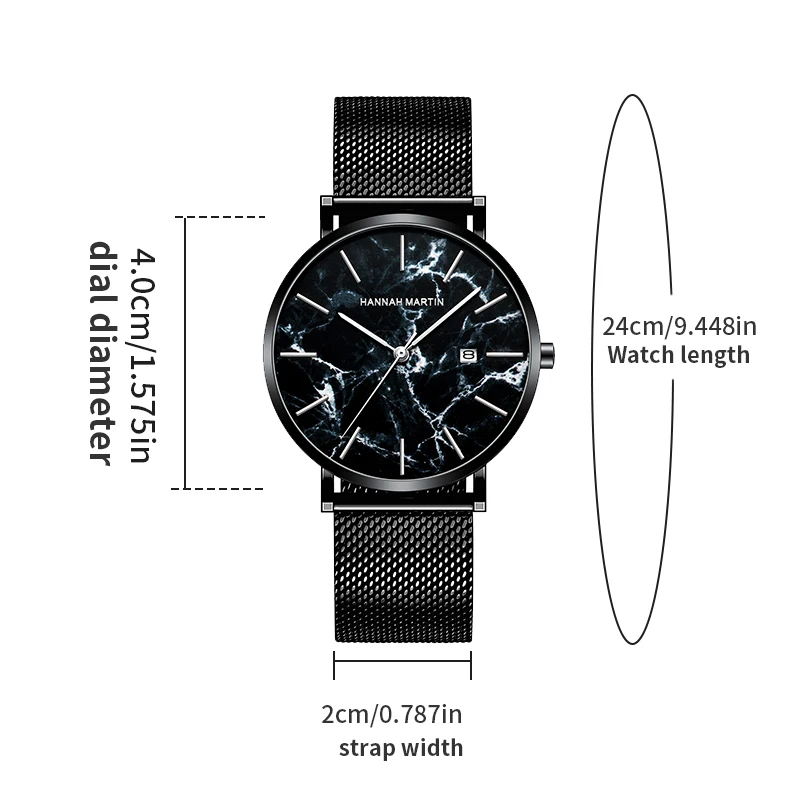 ساعة رياضية رجالية بسيطة وعصرية بحركة يابانية، نمط رخامي أسود، حزام شبكي مقاوم للماء، ساعة كوارتز بتقويم