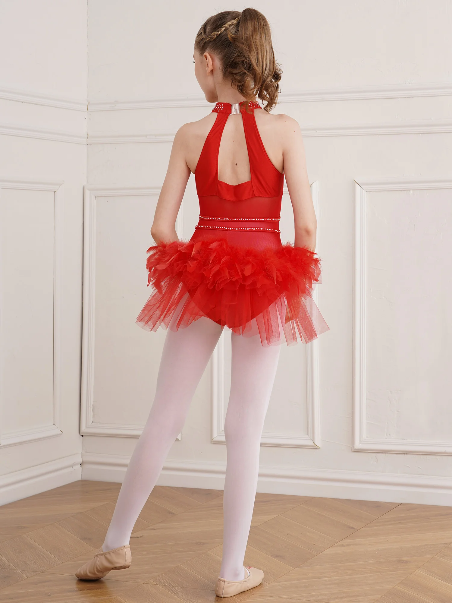 Kids Girls Ballet Dance Leotard Gymnastics Performance Costumes Sequin Figure Skating Feather Tutu Skirted Bodysuit Dancewear