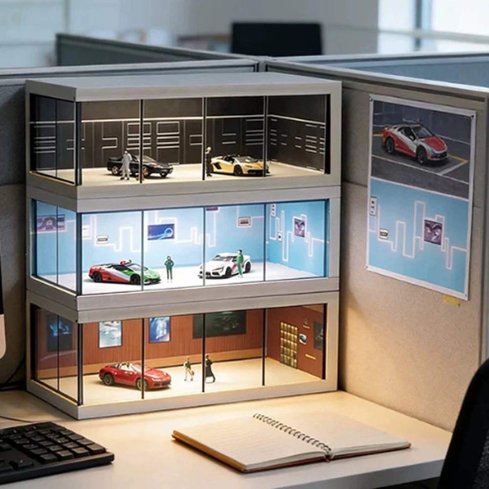 Image of 1/64 Maßstab Auto-Showroom-Modell Miniatur-Szenenlayout Transparenter Parkplatz Aufbewahrungsboxen Staubschutzhaube Vitrine für Automodelle