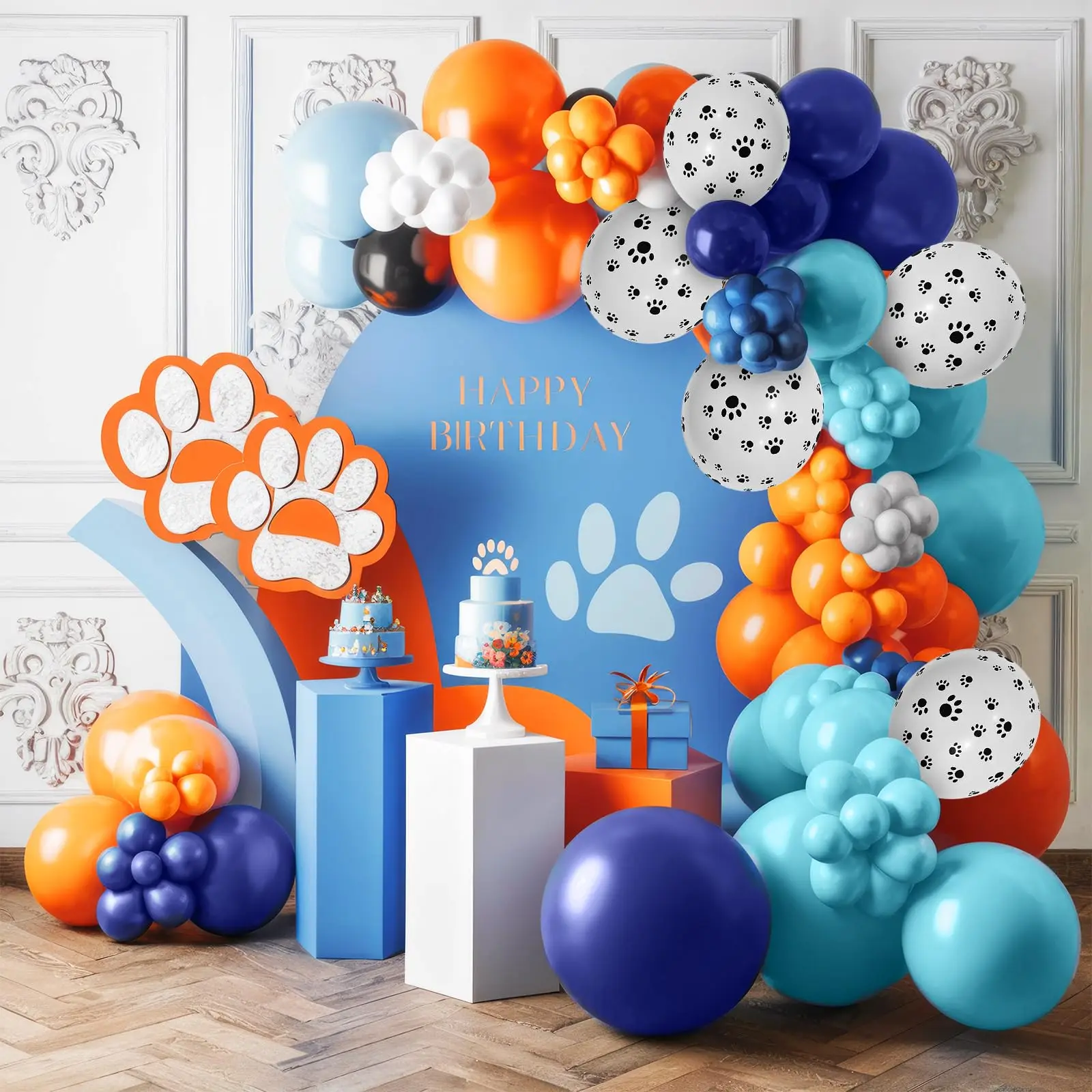 مجموعة قوس بالونات باللون البرتقالي والأزرق مكونة من 106 قطع، مناسبة لتزيين حفلات الزفاف، وأعياد الميلاد، وديكور عيد الحب والهالوين، وعيد الشكر