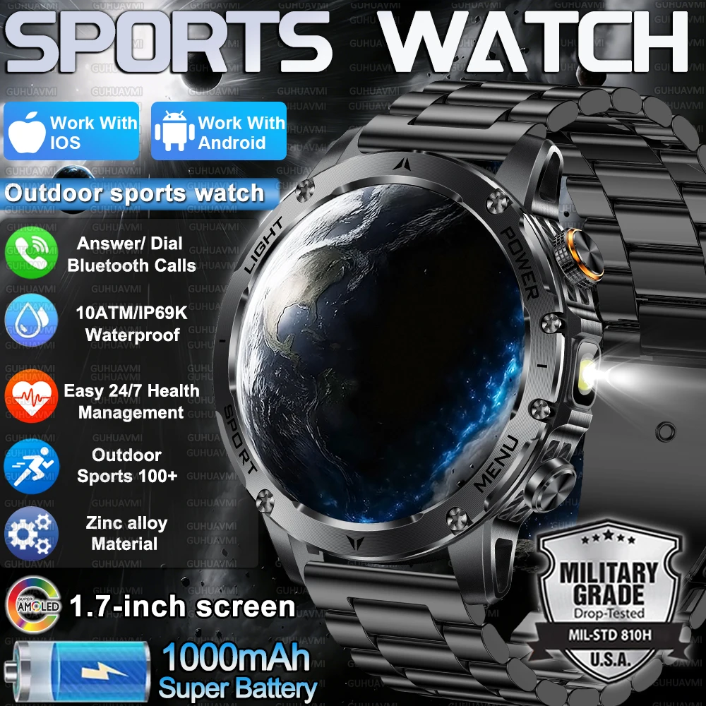 

Новые военные смарт-часы 2026 года с экраном 1,7 дюйма, аккумулятором 1000 мАч, водонепроницаемостью 10ATM, фонариком, пульсометром и спортивным трекером для мужчин