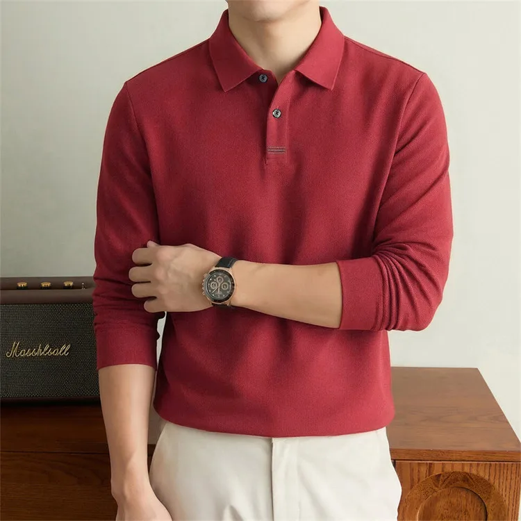 100% Mercerisierte Baumwolle Einfarbiges Business-Casual-Oberteil Herren Old Money Style Langarm-Poloshirt – Detail 38