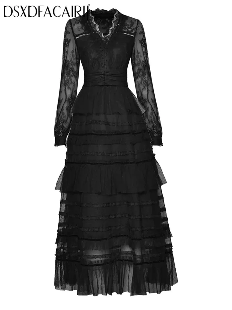 

DSFACAIRIJ Women's V-neck Dress Beaded Lace Patchwork Lantern Sleeve Vintage Ruffle Cake Mesh Spring Fashion for Females