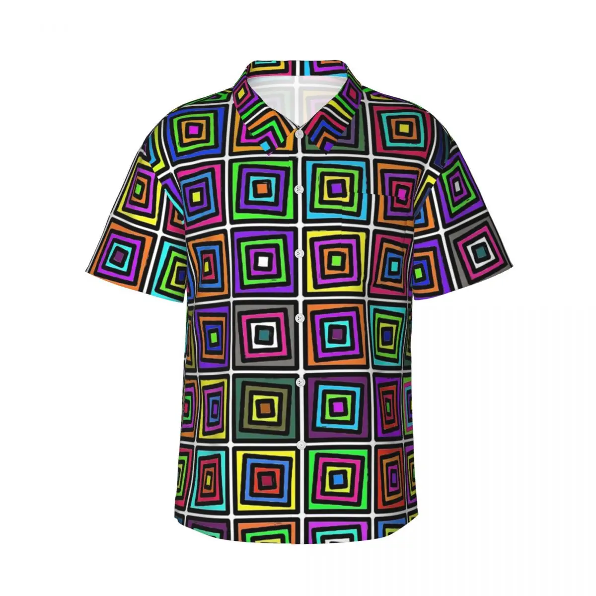 Geometic Colorblock Hawaii Shirt Men Vacation Mid Century Casual Shirts Short-Sleeve Street Style Elegant Oversized Blouses