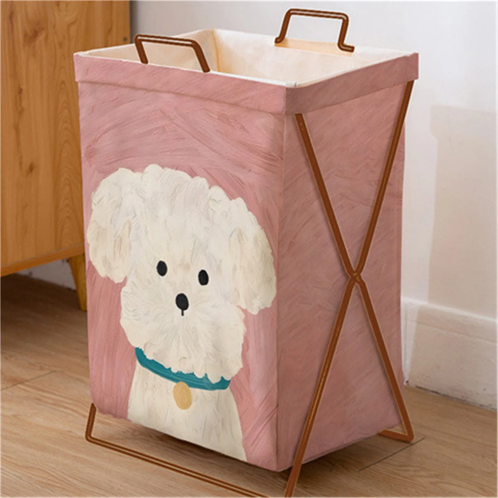 

Cute dog Foldable Laundry Hamper with Iron Frame Small Bedroom Basket for Dirty Clothes Storage Space-saving Collapsible
