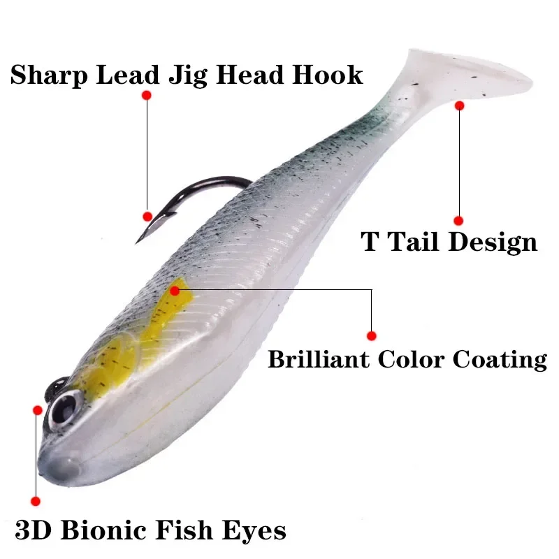 Jig Head Hook Silicone Soft Bait, Iscas de pesca, Swimbait de borracha artificial, Swimbait para Shad Bass Carp, Wobblers, 75mm, 9.5g, 1Pc