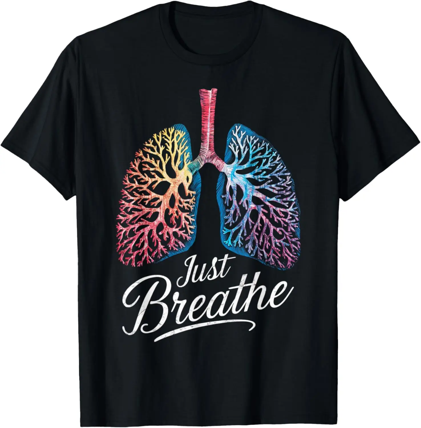Just Breathe Colorful Lungs Graphic Tee Soft Breathable Cotton Crew Neck T-Shirt For Men