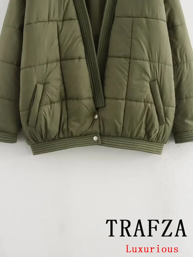 TRAFZA Casual Vintage Green Solid Women Oversized Jackets V-Neck Pockets Button Thick Coats New Fashion 2024 Autumn Winter Coats