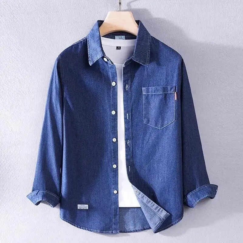 

Men's Loose Fit Cotton Denim irt Heavy Waed Workwear Blue Casual Sle Long Sve Breathable Comfortable Chinese Brand