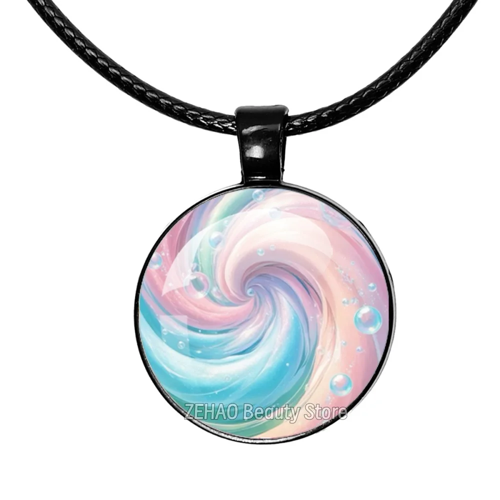 25mm Black Leather Rope Necklace Vortex Oil Painting Series Flowers, Rainbows, Seawater Glass Cabochon Pendant Jewelry GiftJD001