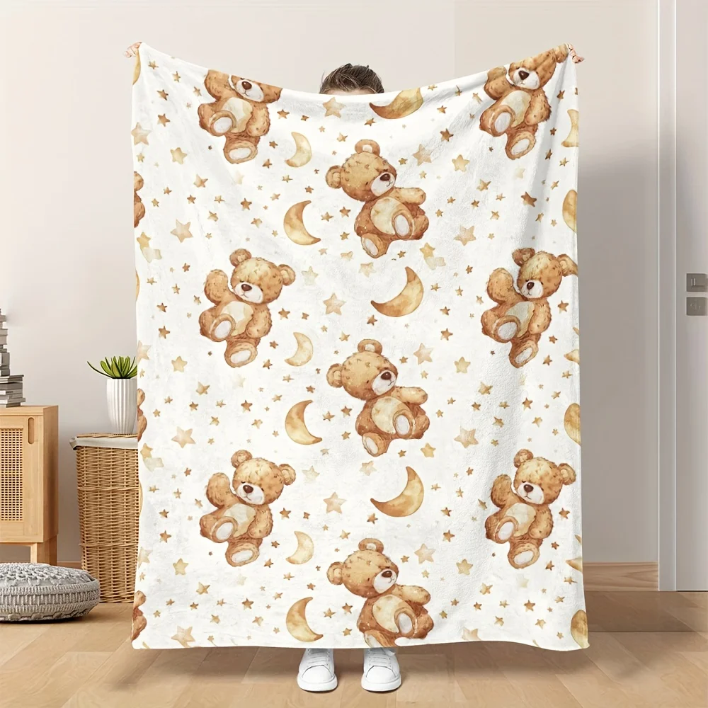 1pc Teddy Bear Moon Star Watercolor Print Flannel Blanket - Soft Warm All-Season Home Decor, Camping Travel Office Essential, Pe
