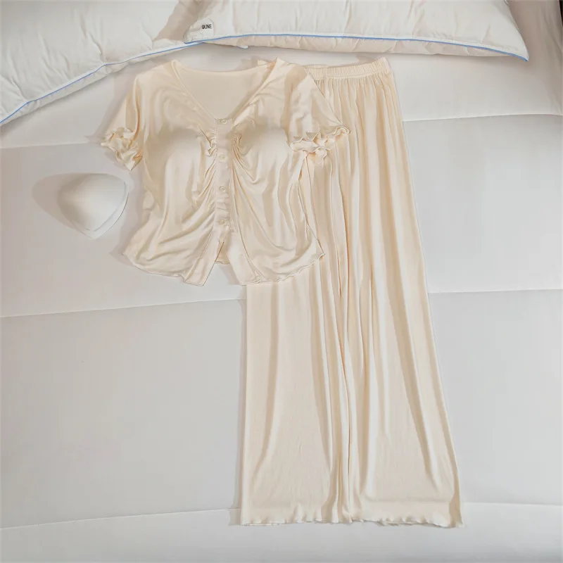 Women's Pajamas Casual Short Sleeve Chest Pad Top Shorts Trousers Sets Modal Comfortable Sleepwear Three Pieces Suit Home Wear 6
