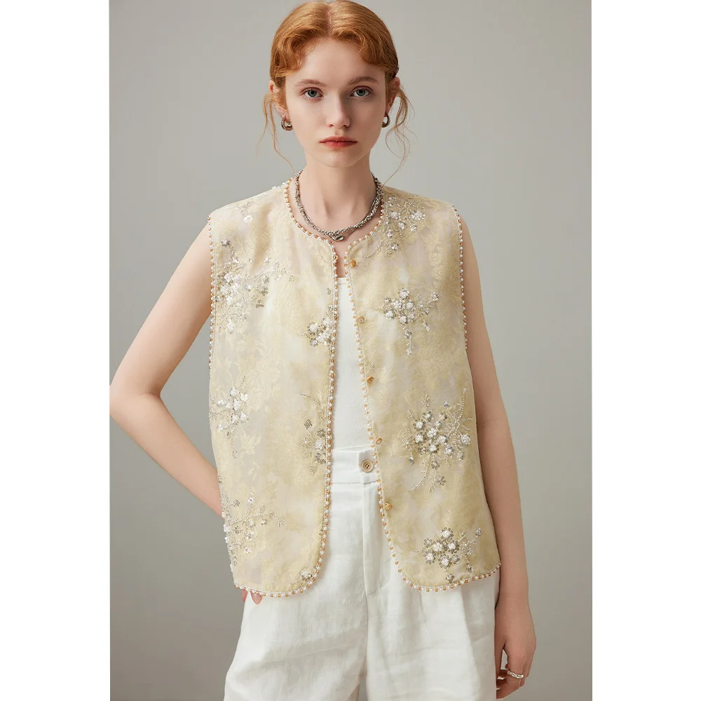 

Женский тонкий жилет с вышивкой в китайском стиле, с подплечниками, легкий, роскошный, с круглым вырезом и пуговицами...