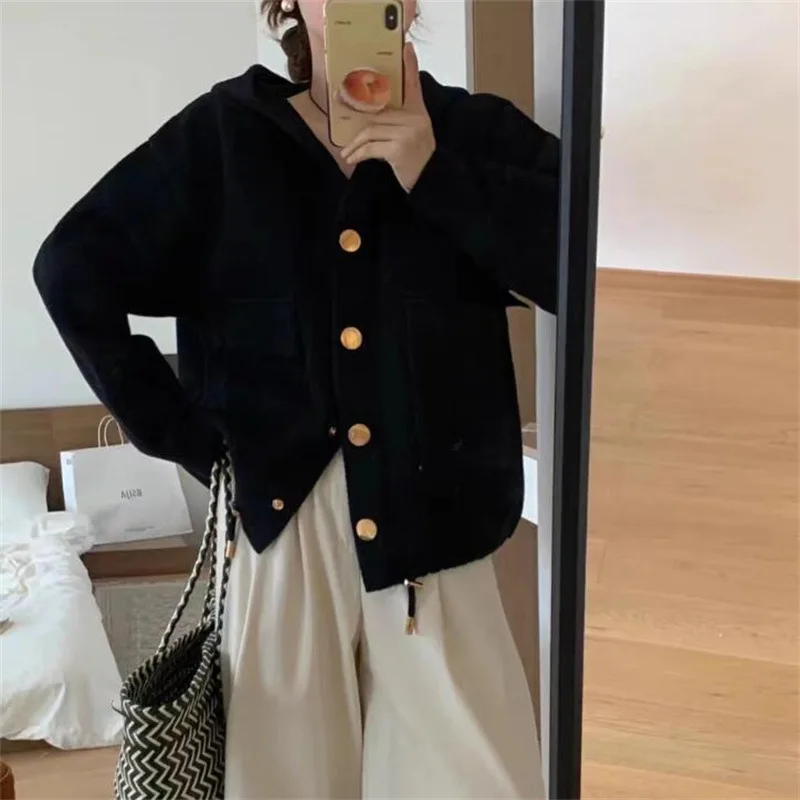 Imitation double-sided woolen knitted sweater 2024 autumn new single-breasted short cardigan hooded square pocket top coat women