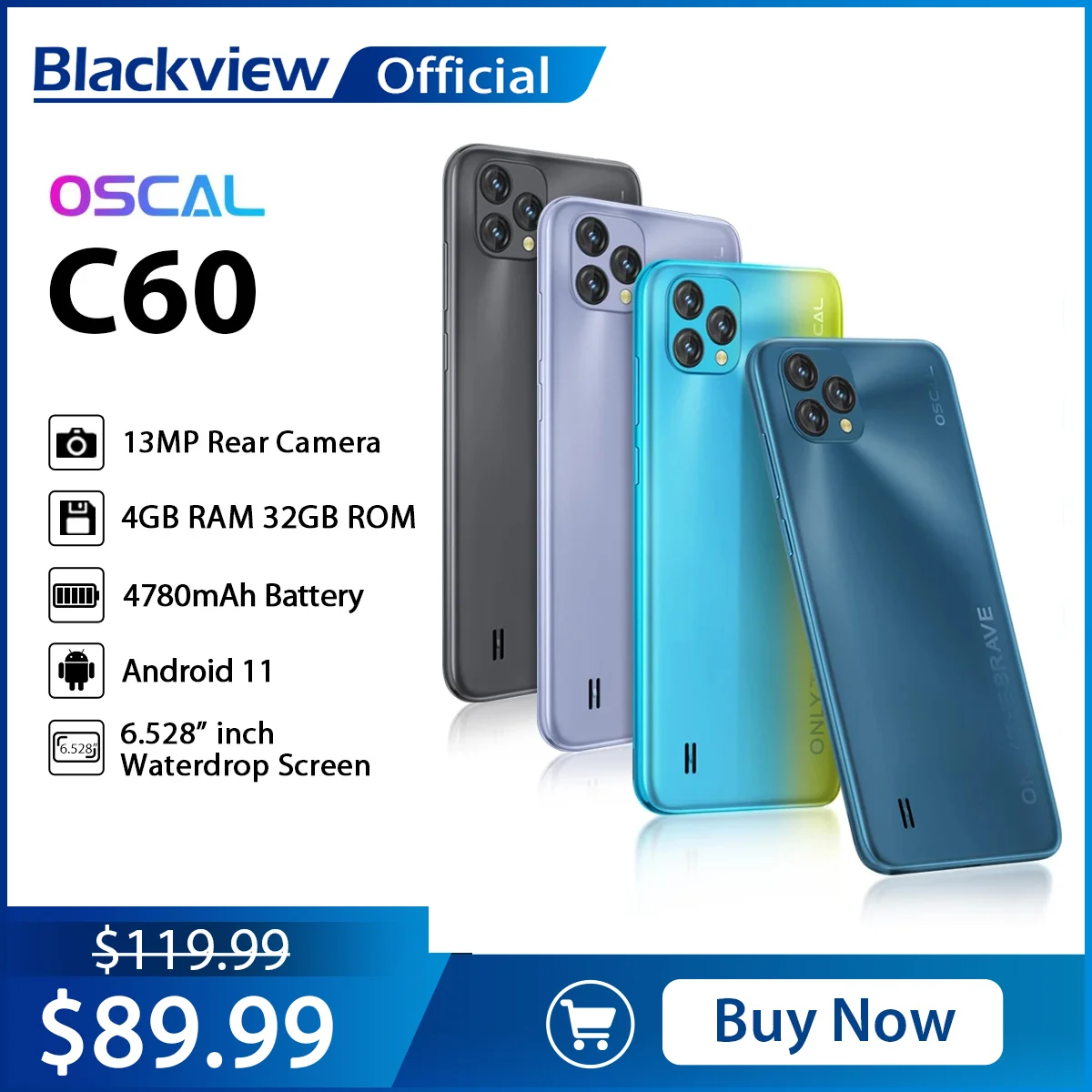 BLACKVIEW-Smartphone Oscal C60 Android 11, téléphone portable avec 3 emplacements pour cartes, 2022 pouces, 4 Go + 32 Go, 6.528 mAh, appareil photo 13MP + 5MP, nouveau, 4780