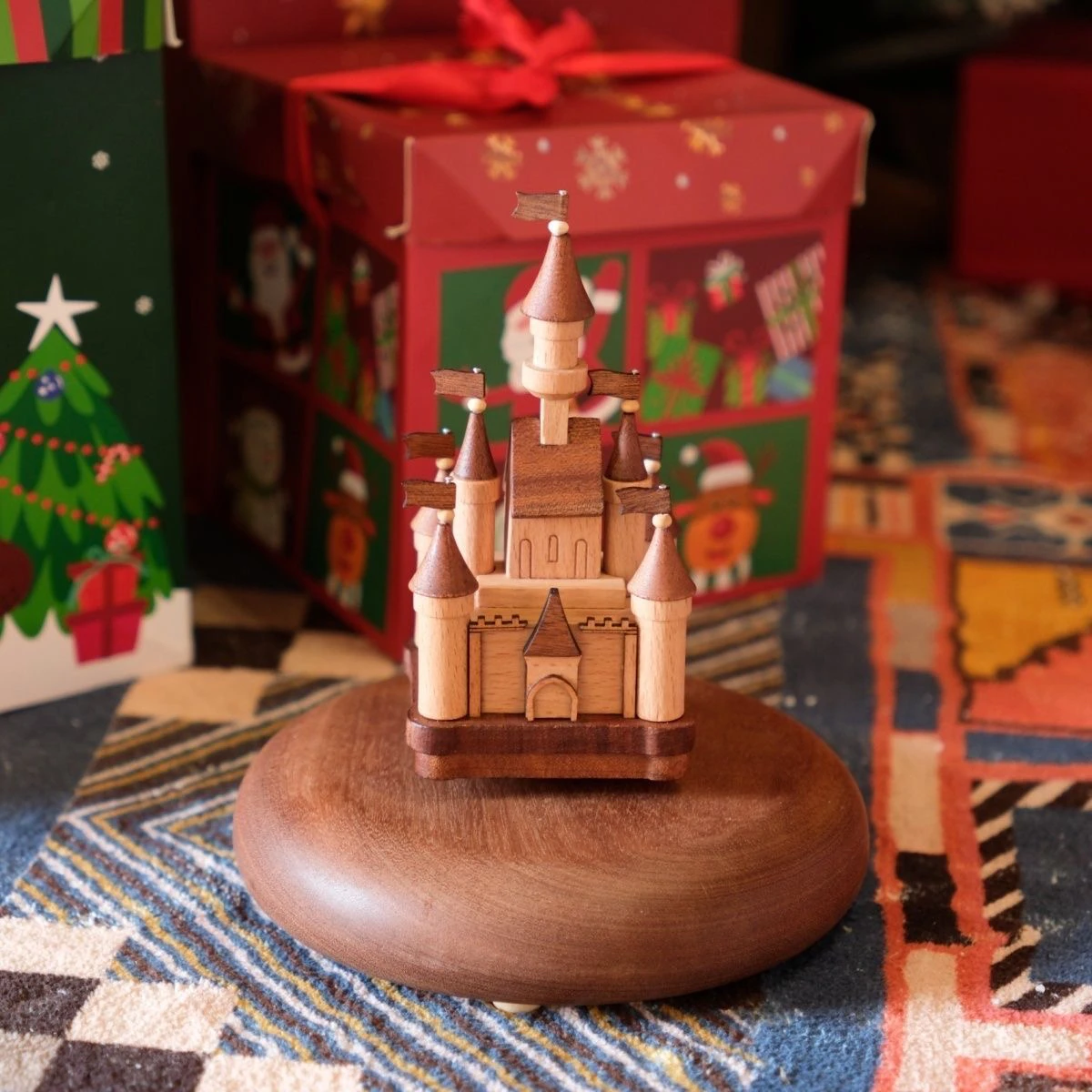 European Style Castle Wooden House  Wood Decoration Planet Track Spring Music Box Flower Waltz Home Decor Accessories